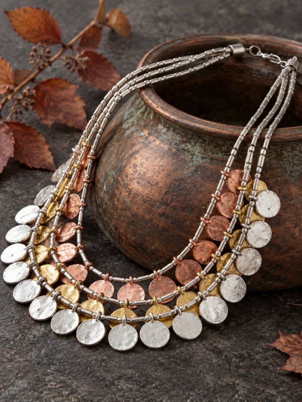 Tri-Tone Mixed Metal Hammered Coin Bib Necklace 3-Layer Boho Statement Adj 16.5"